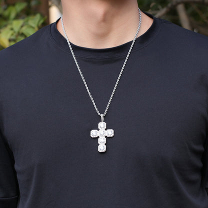 White Gold Cross Pendant - Five Stone Halo Cross