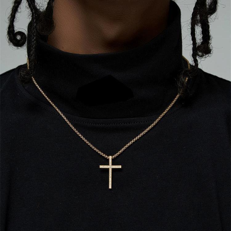 Gold Cross Pendant - Slim Pavé Classic Cross