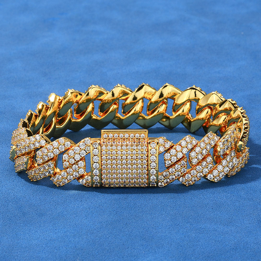 14MM Gold Cuban Link Bracelet - Gold Slash Pavé Links