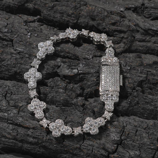10MM White Gold Link Bracelet - Iced Cross & Star Links