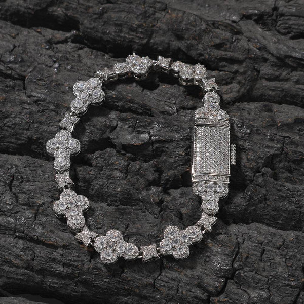 10MM White Gold Link Bracelet - Iced Cross & Star Links