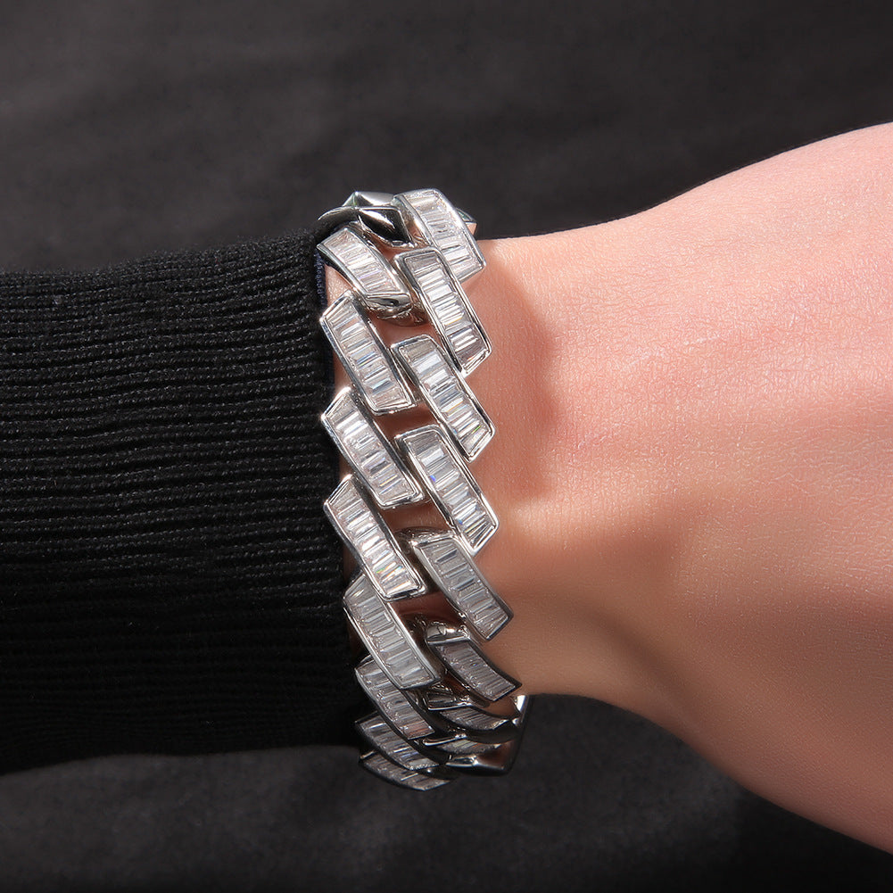 20MM White Gold Cuban Link Bracelet - Zigzag Baguette Links