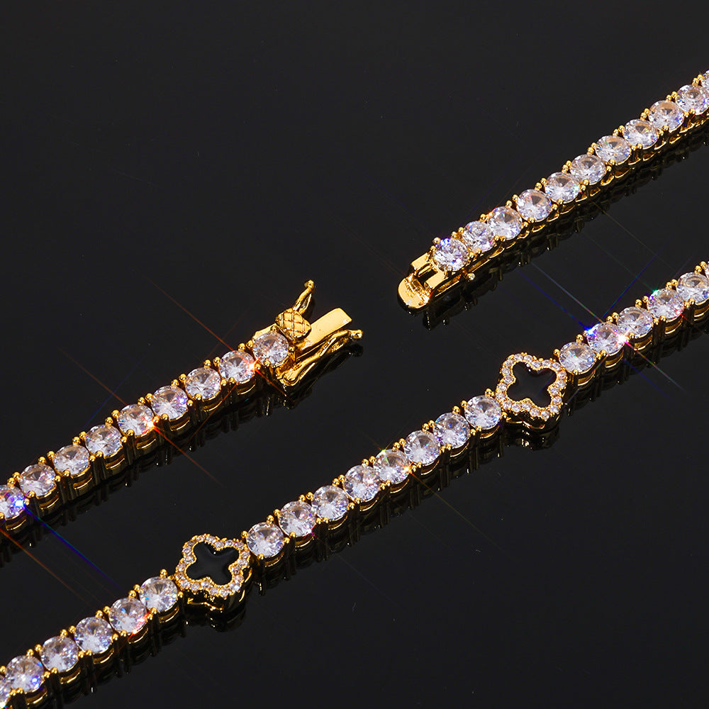 4MM Gold Tennis Chain - Iced Green Clover Design