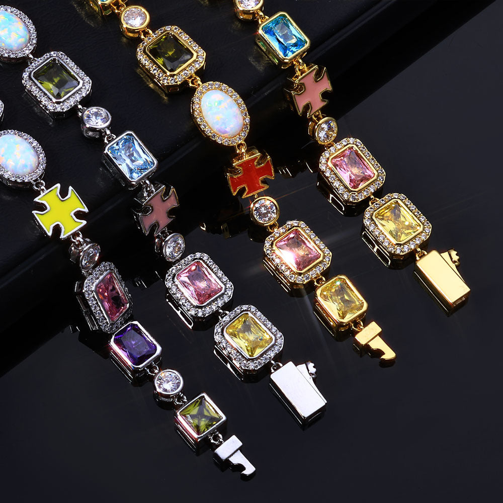 10MM Gold Cross Link Chain - Iced Multi-Color Gemstone Charms