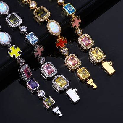 10MM Gold Cross Link Chain - Iced Multi-Color Gemstone Charms