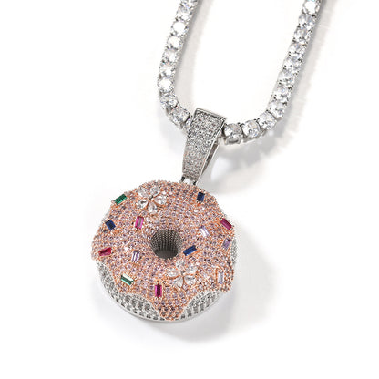 White Gold Donut Pendant - Multicolor Stone Sprinkles