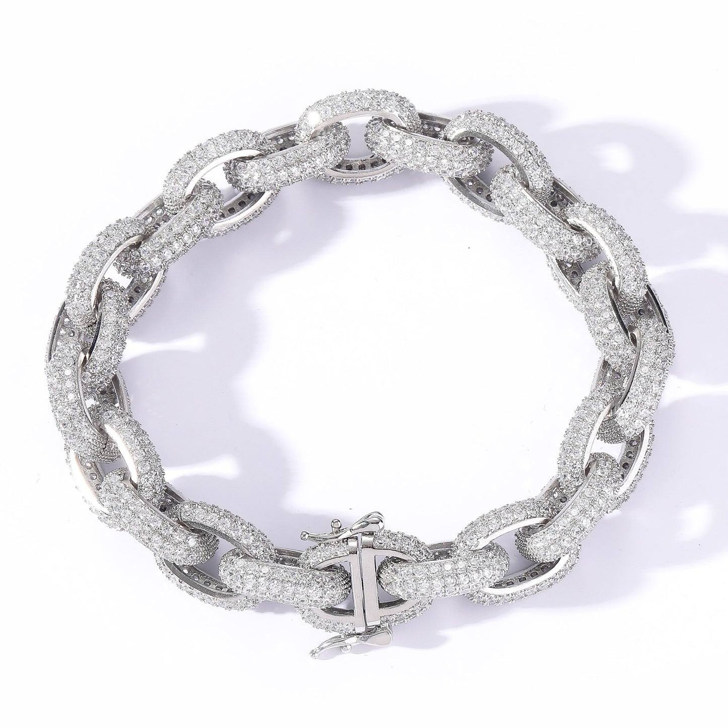 13MM White Gold Link Bracelet - Iced Rounded Cable Links