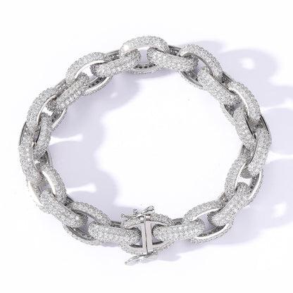 13MM White Gold Link Bracelet - Iced Rounded Cable Links
