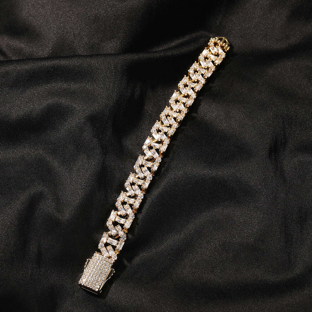 13MM Gold Cuban Link Bracelet - Baguette Cluster Links