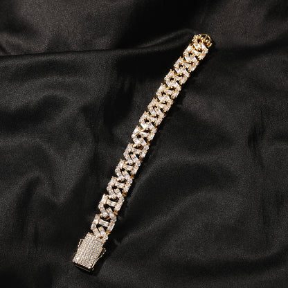 13MM Gold Cuban Link Bracelet - Baguette Cluster Links