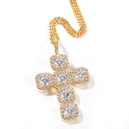 Gold Cross Pendant - Five Stone Halo Cross