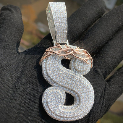 White Gold Custom Initial Pendant - Iced Out Thorn Crown Letter
