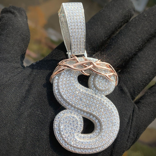White Gold Custom Initial Pendant - Iced Out Thorn Crown Letter