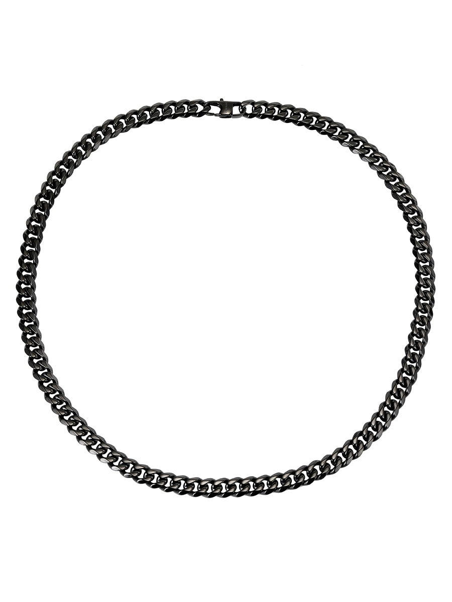 8MM black Cuban link chain displayed in a circular loop against a white background with its lobster clasp visible