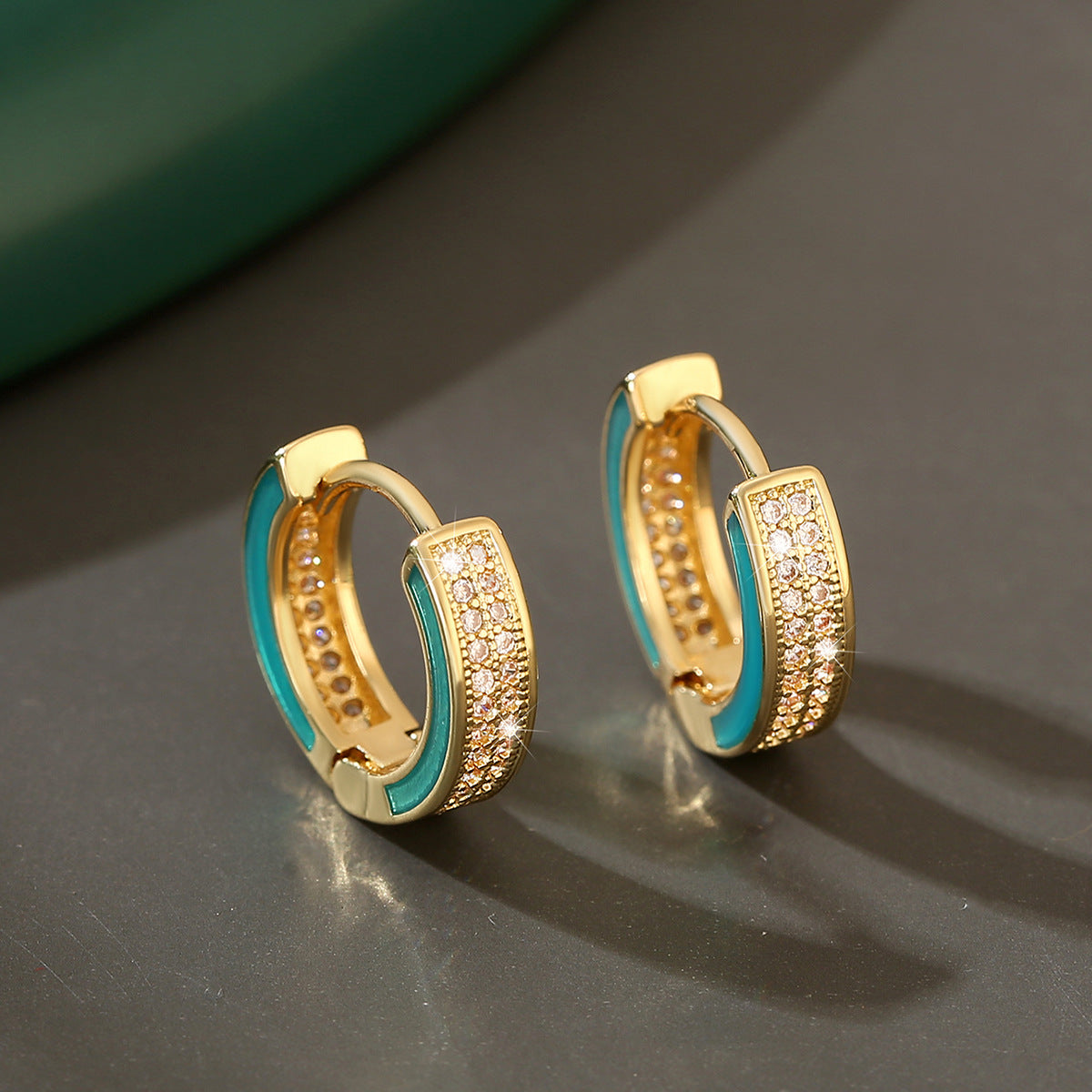 Gold Hoop Earrings - Luminous Aqua Enamel