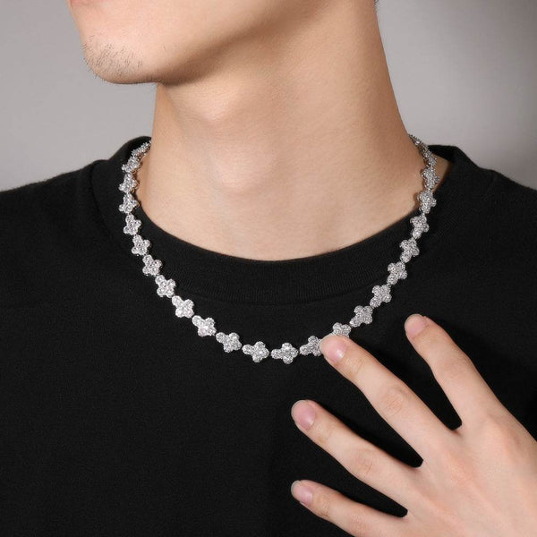 10MM White Gold Cross Link Chain - Iced Out Cluster Crosses