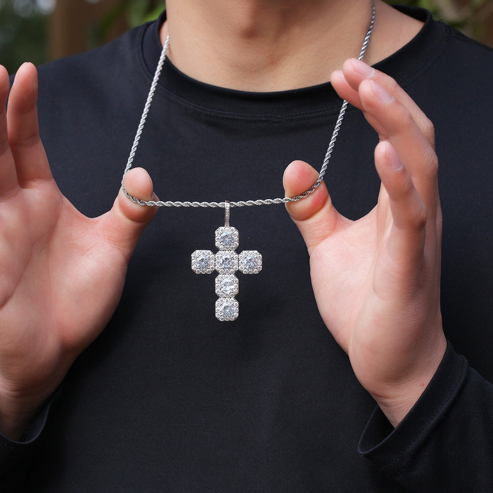 White Gold Cross Pendant - Five Stone Halo Cross