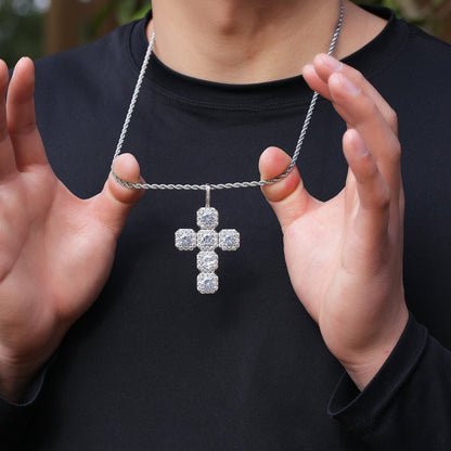 White Gold Cross Pendant - Five Stone Halo Cross