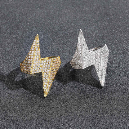 White Gold Lightning Bolt Ring - Double-Layer Iced Bolt