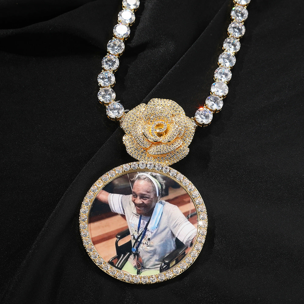 Gold Custom Photo Pendant - Iced Out Rose Medallion