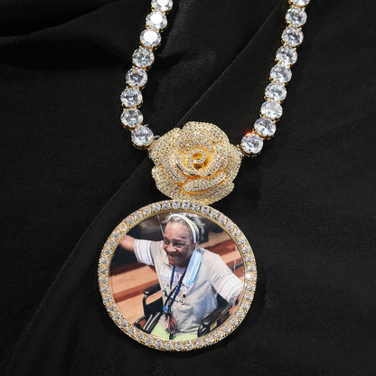 Gold Custom Photo Pendant - Iced Out Rose Medallion