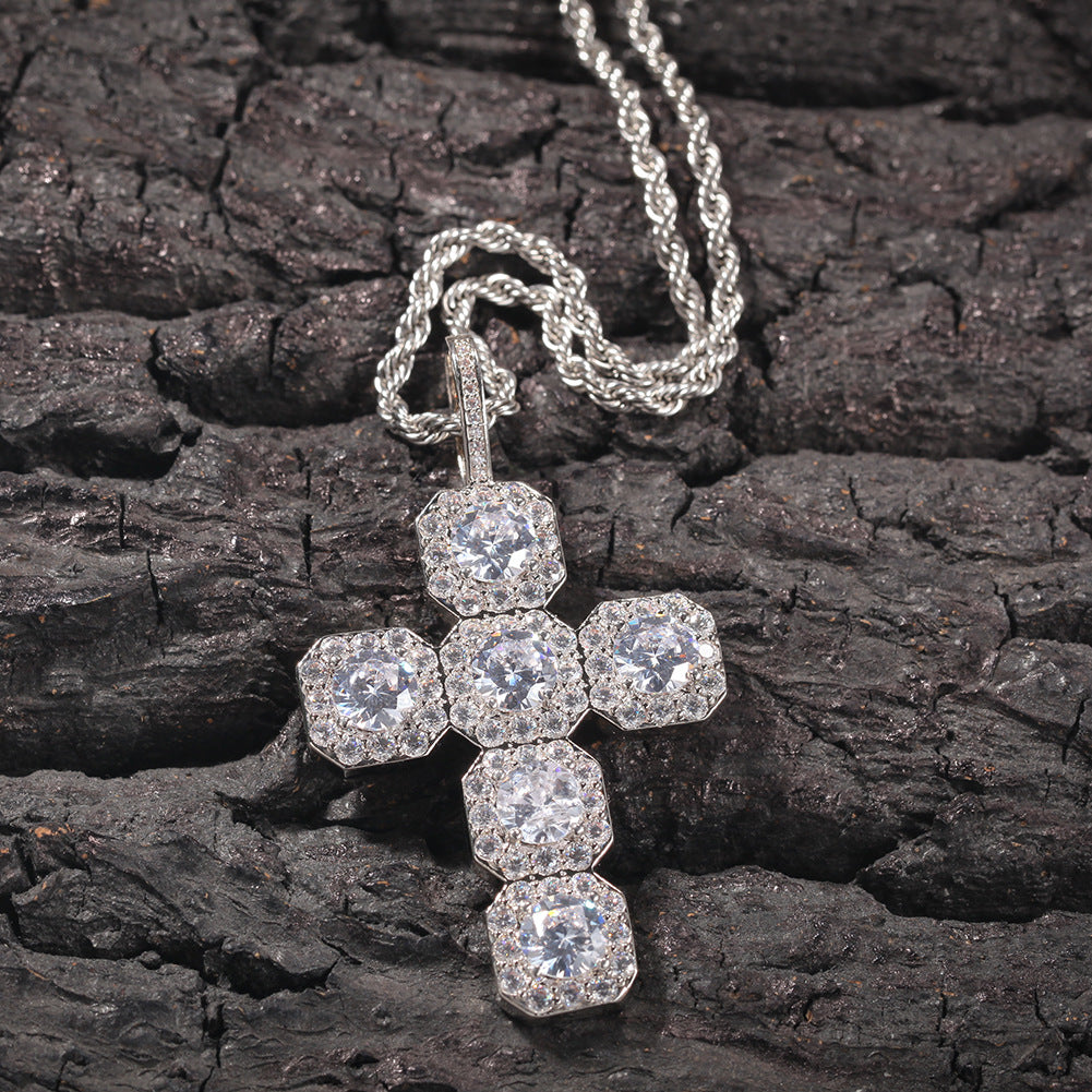 White Gold Cross Pendant - Five Stone Halo Cross