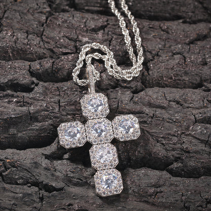 White Gold Cross Pendant - Five Stone Halo Cross