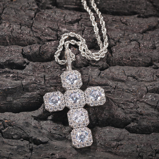 White Gold Cross Pendant - Five Stone Halo Cross