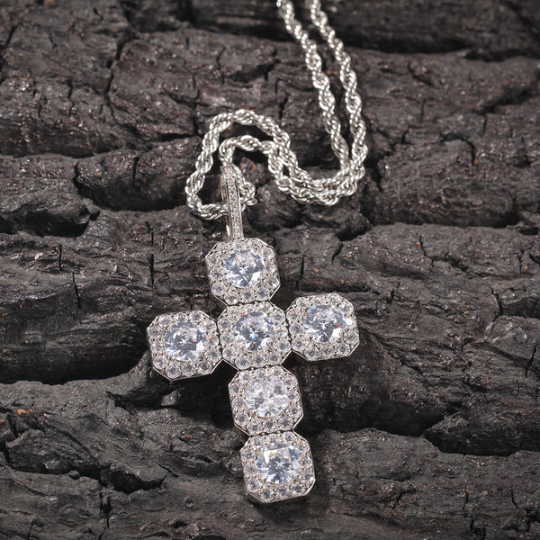 White Gold Cross Pendant - Five Stone Halo Cross
