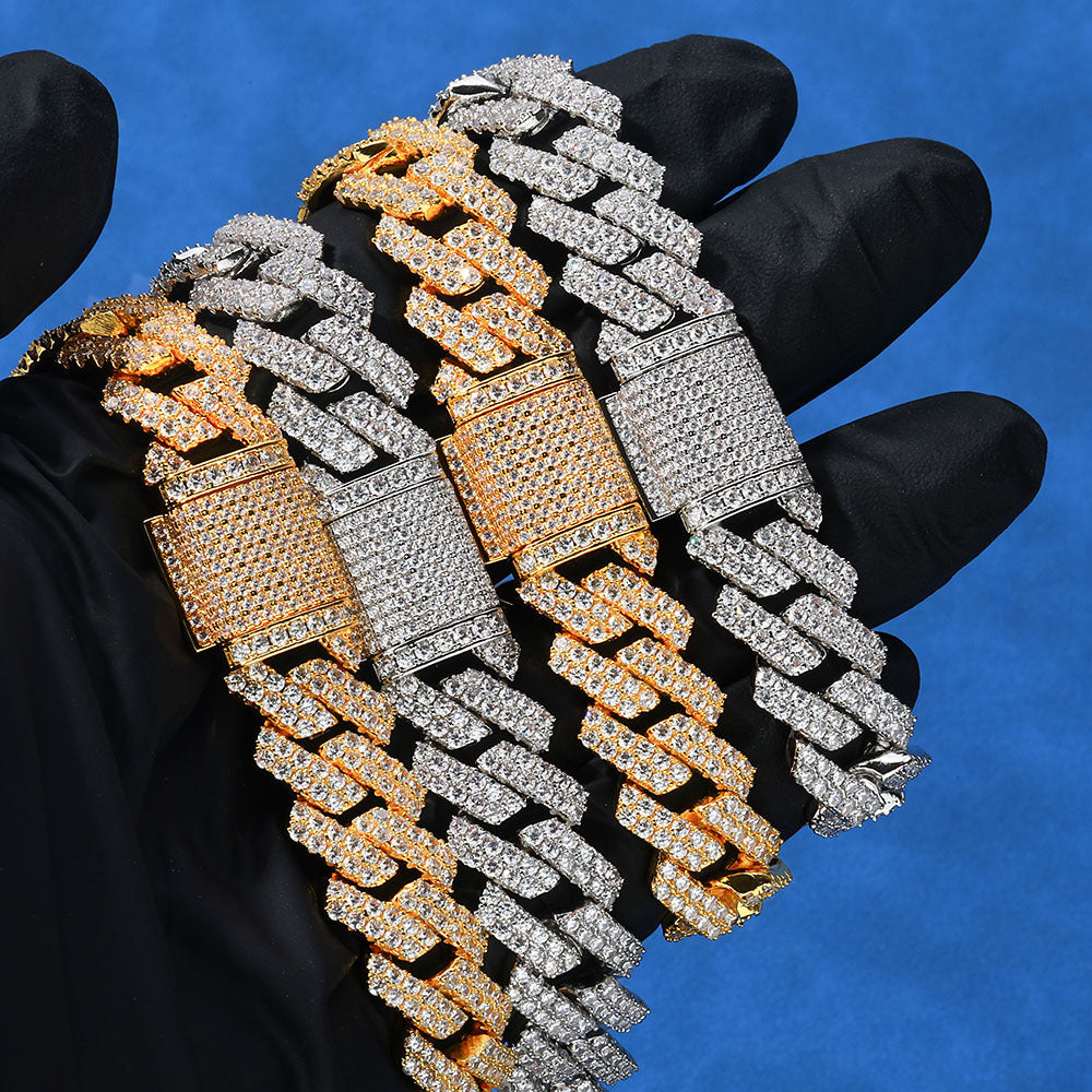 14MM Gold Cuban Link Bracelet - Gold Slash Pavé Links
