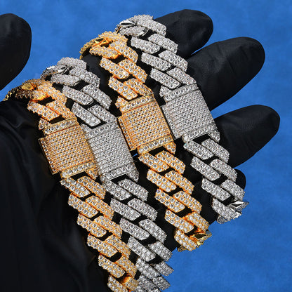 14MM White Gold Cuban Link Bracelet - Silver Slash Pavé Links