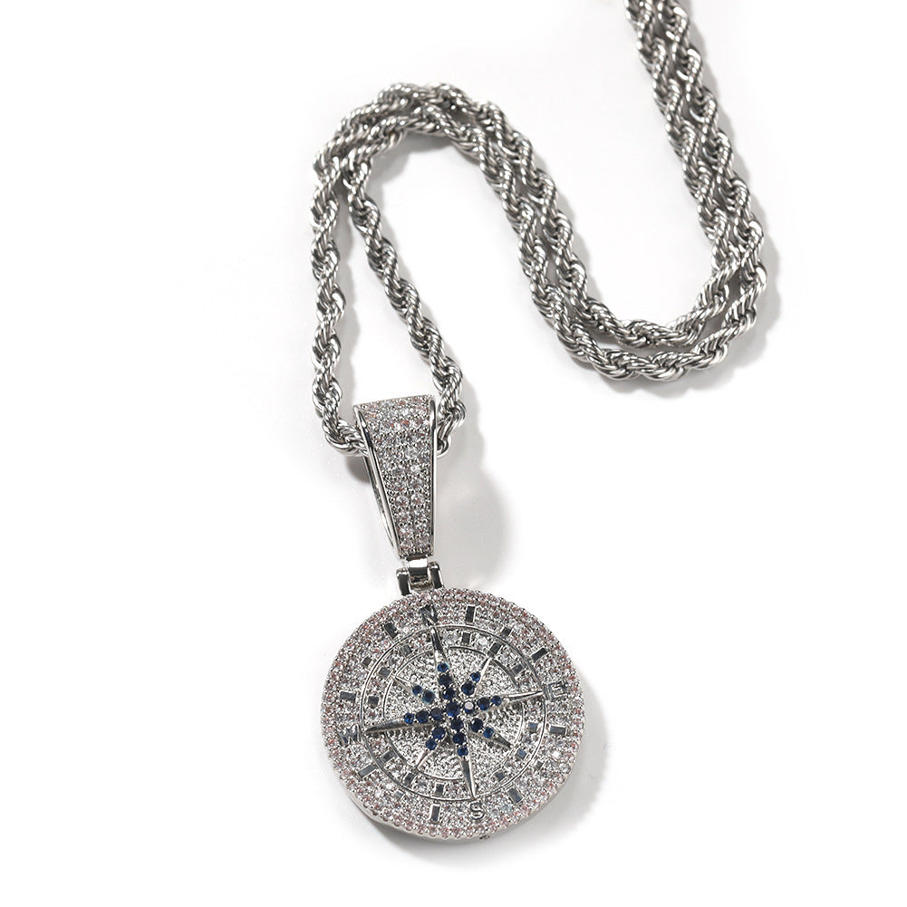 White Gold Compass Pendant - Blue Star Roman Medallion