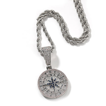 White Gold Compass Pendant - Blue Star Roman Medallion