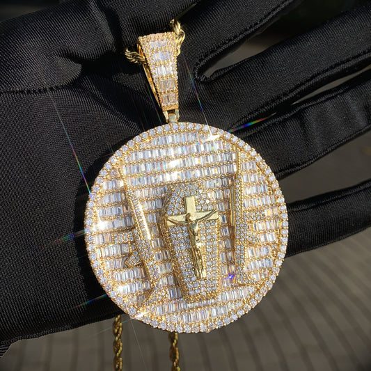 Gold Jesus Pendant - Double Gun Guardian Cross Disc