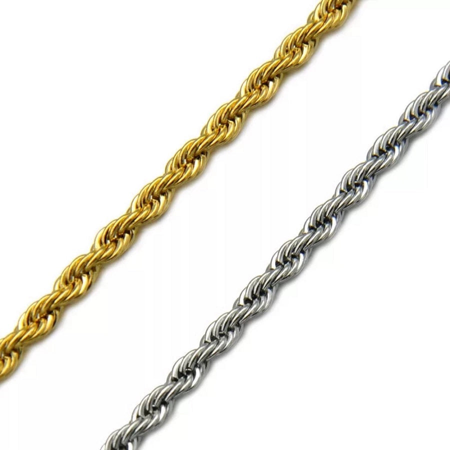 Two 3MM white gold rope chains arranged in parallel against a white background