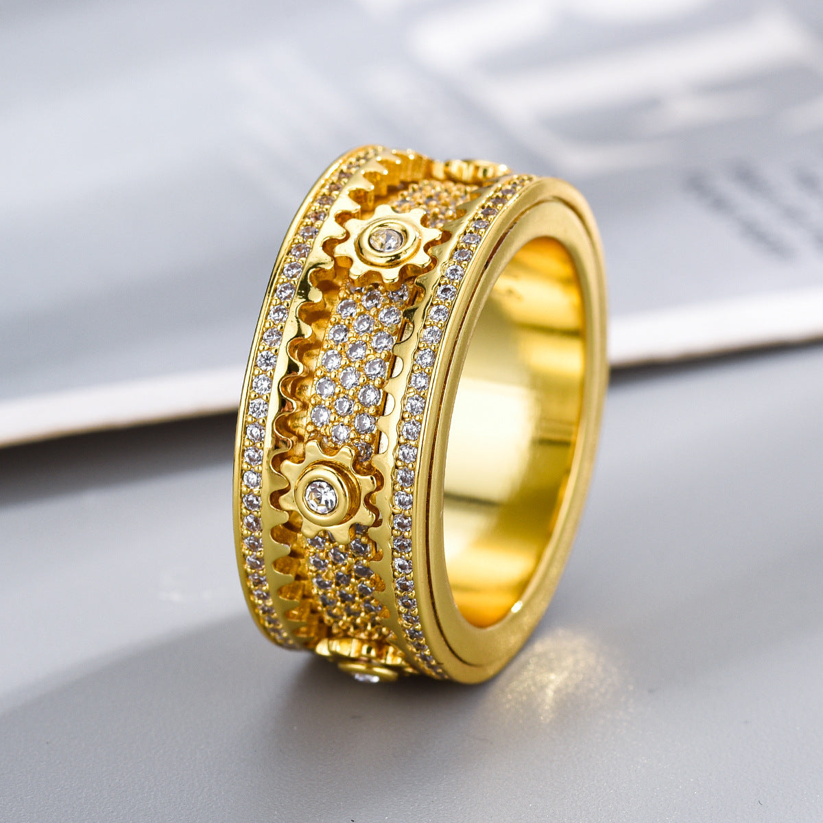 Gold Spinner Ring - Iced Rotating Gear Center