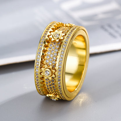 Gold Spinner Ring - Iced Rotating Gear Center