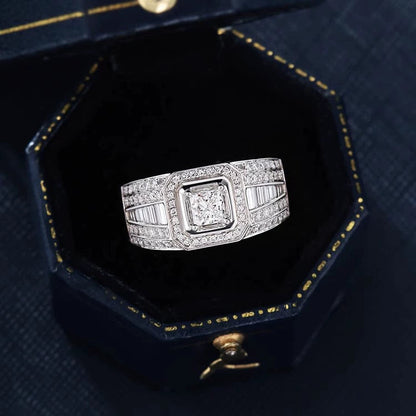 White Gold Signet Ring - Round Stone Double-Row Sides