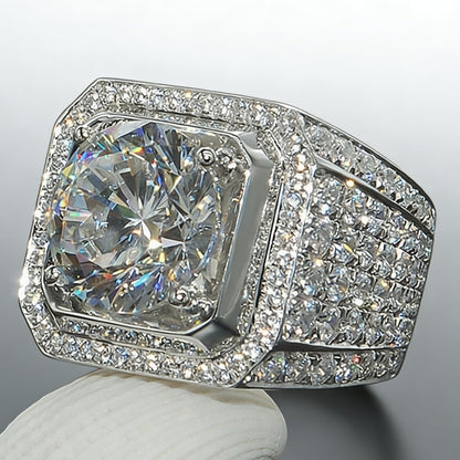 White Gold Signet Ring - Octagon Halo Iced Panels