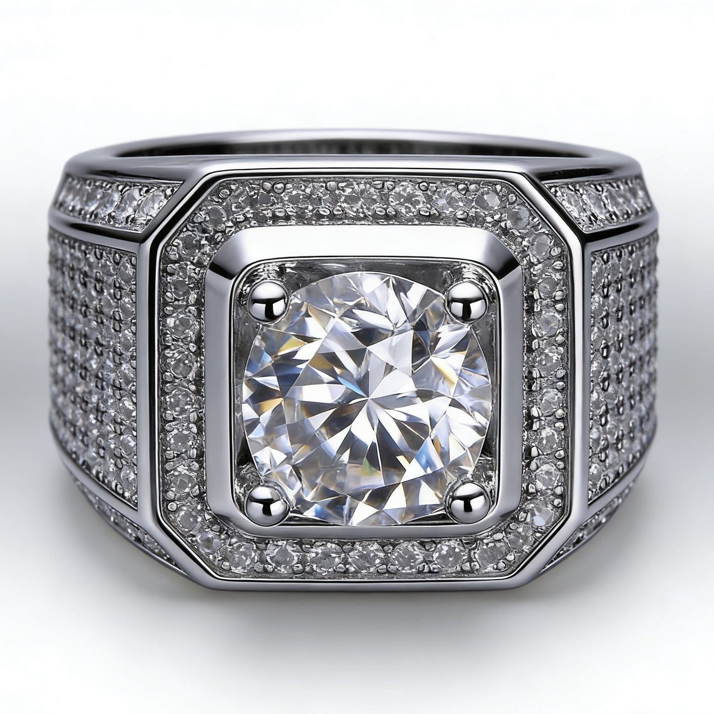White Gold Signet Ring - Octagon Halo Iced Panels