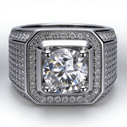 White Gold Signet Ring - Octagon Halo Iced Panels