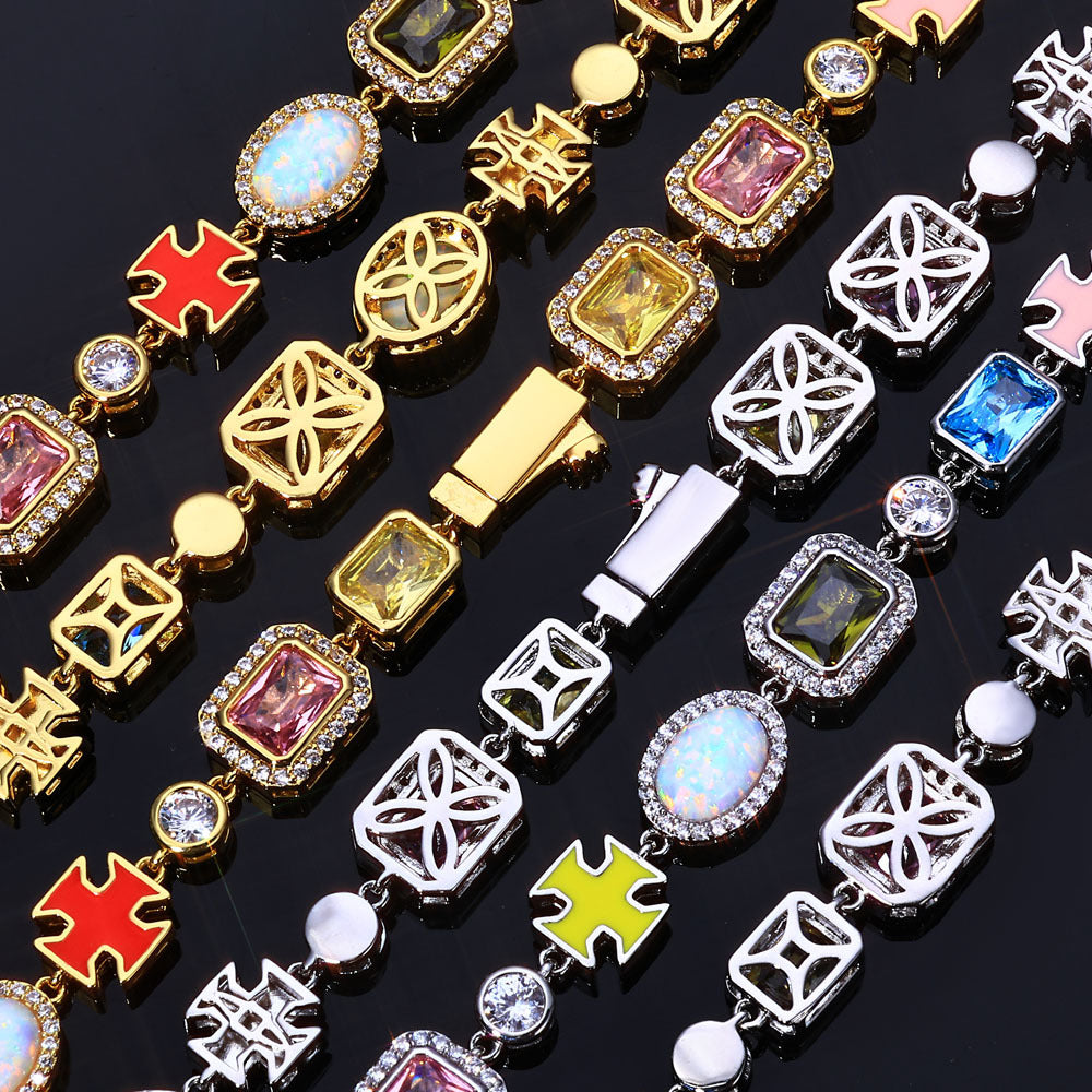 10MM Gold Cross Link Chain - Iced Multi-Color Gemstone Charms