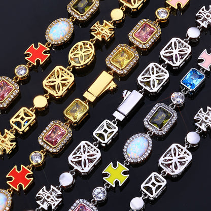10MM Gold Cross Link Chain - Iced Multi-Color Gemstone Charms