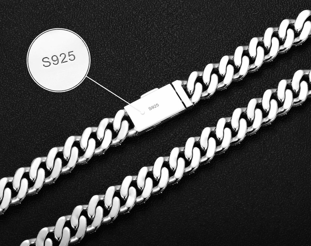 IceGrind moissanite chain with S925 sterling silver clasp detail and magnified S925 material stamp.