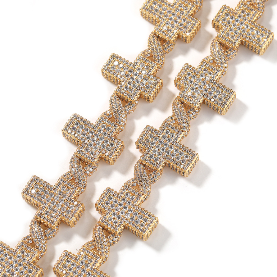 17MM Yellow Gold Iced Out Cross Link Chain