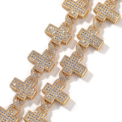 17MM Yellow Gold Iced Out Cross Link Chain
