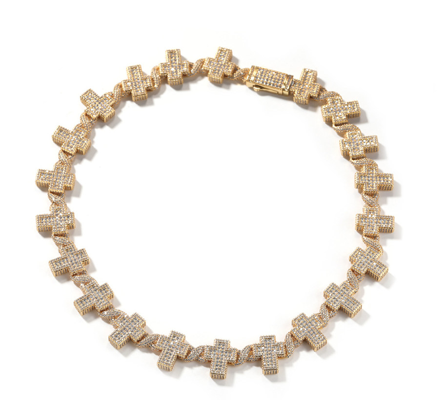 17MM Yellow Gold Iced Out Cross Link Chain