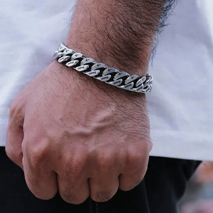 12MM White Gold Cuban Link Bracelet - Beast & Cross Engraved Links