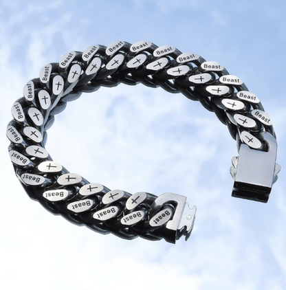 12MM White Gold Cuban Link Bracelet - Beast & Cross Engraved Links