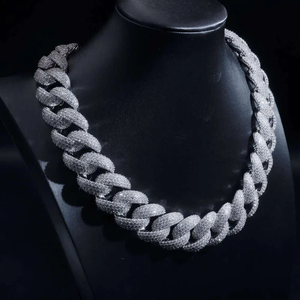 24MM white gold Cuban link chain displayed on a black mannequin